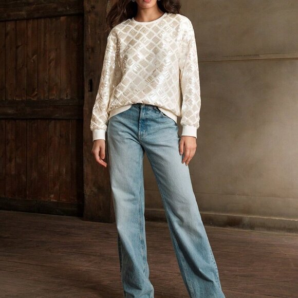 Women's Sequin Embellished Round Neck Loose Fit top - Picture 5 of 8